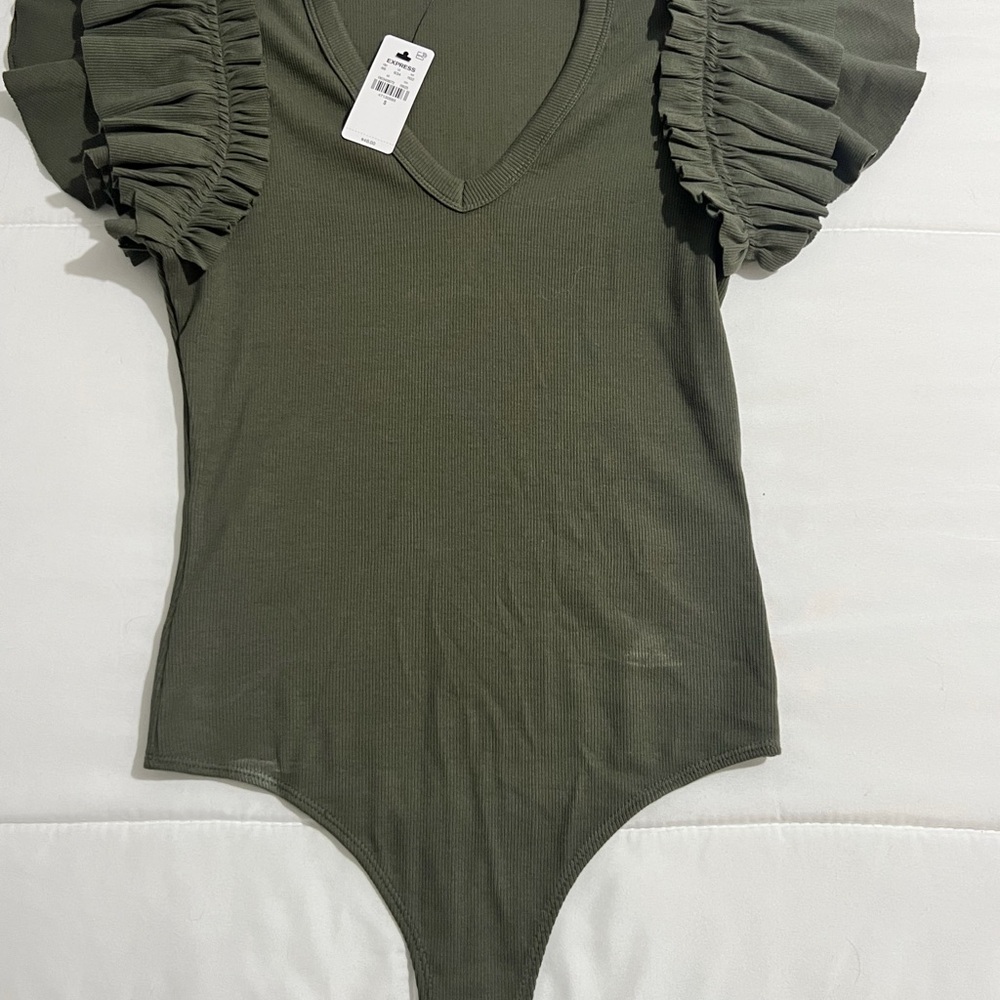 EXPRESS Olive Green Ruffled Sleeve Bodysuit